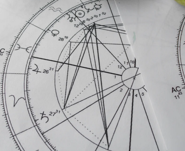 Astrological chart papers showing zodiac signs, planets, and angles in black on white, with intersecting lines and symbols. Calm mood.