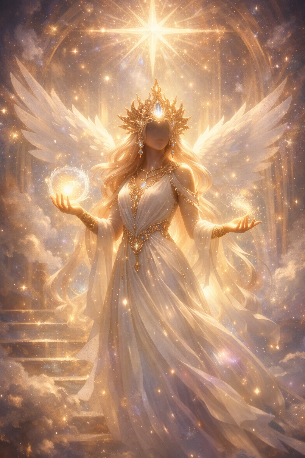 A radiant celestial Lightworker stands in a luminous sky filled with stars and golden light. She wears a flowing white gown and a sunburst crown, holding a glowing orb as beams of light cascade around her angelic wings.