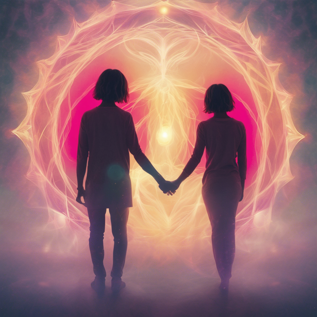 Two silhouetted figures hold hands in front of a glowing, abstract mandala with pink and orange hues, creating a serene, mystical atmosphere.