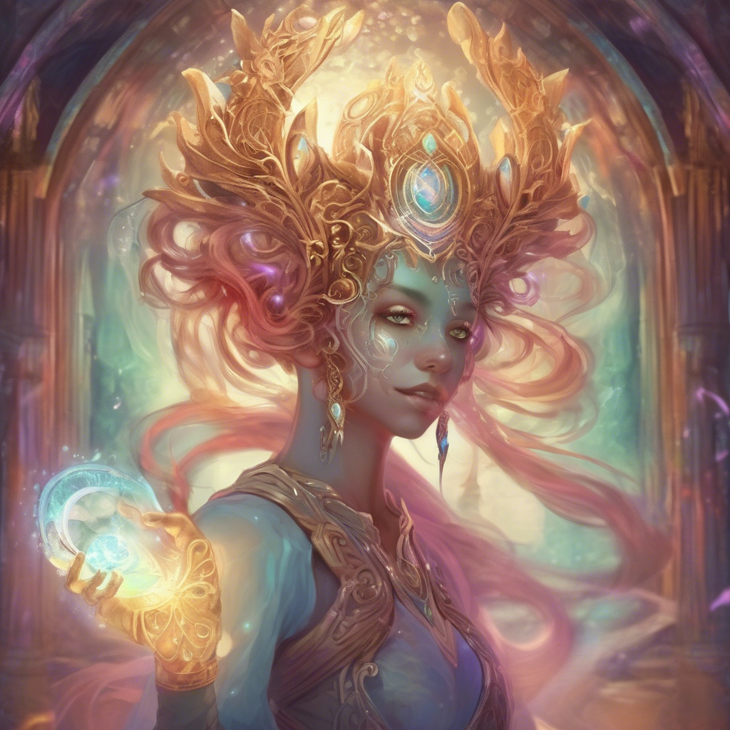 A celestial, regal being with glowing blue skin and flowing pink‑gold hair holds a radiant orb of light. The figure wears an ornate golden crown with gemstones and stands in an ethereal, cathedral‑like space filled with warm, mystical light.