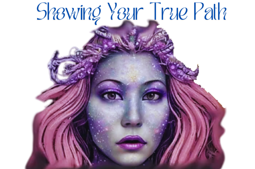 A cosmic, stylized portrait of a person with glowing purple‑blue skin and bright pink hair, speckled with star‑like light. The face has a dreamy, ethereal expression, and the background features soft celestial tones with the partial text “Showing Your True” above the head.