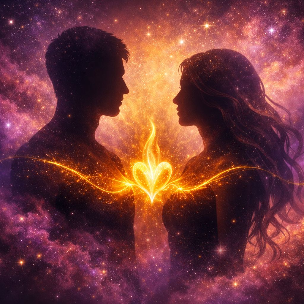 Two mirrored human silhouettes face each other in profile, connected by a radiant golden flame between their hearts. A luminous thread of light spirals from the flame, symbolizing the eternal bond of twin flames. The background glows with cosmic purples, pinks, and golds, filled with stars and nebula‑like light, creating a mystical, spiritual atmosphere.
