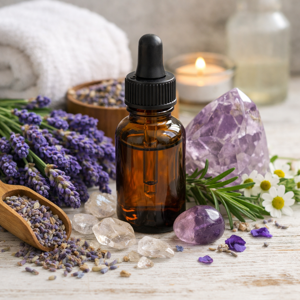 A realistic botanical flat‑lay featuring an amber essential‑oil bottle surrounded by fresh lavender, rosemary sprigs, chamomile flowers, amethyst crystals, clear quartz, and a wooden scoop of dried lavender on a white rustic surface, styled in a clean apothecary aesthetic with soft natural lighting.